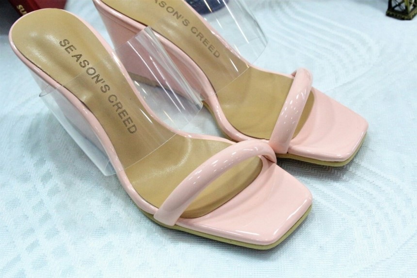 Transparent strap wedge heel 8cm mule slipper heel