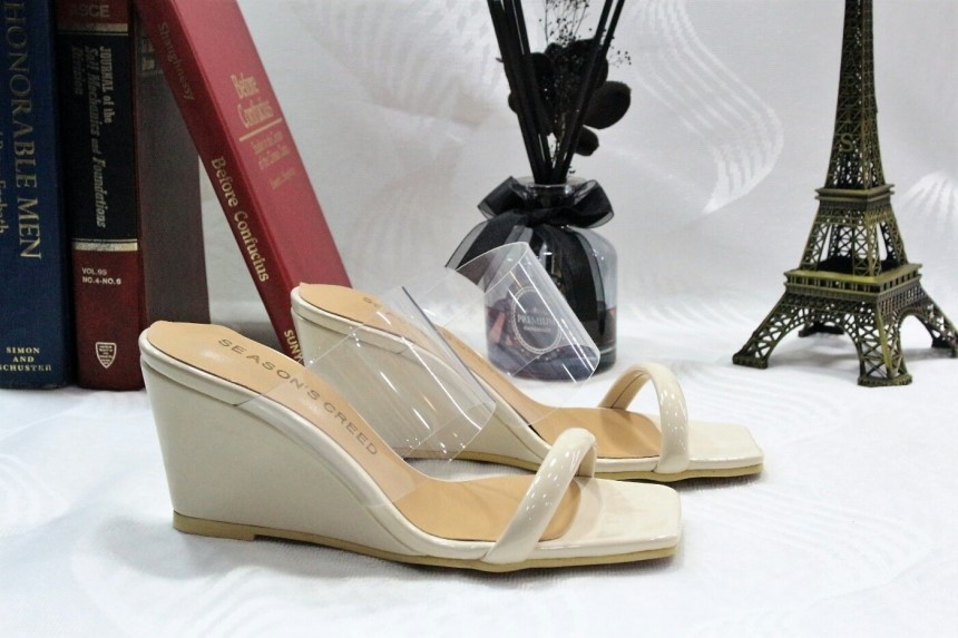 Transparent strap wedge heel 8cm mule slipper heel