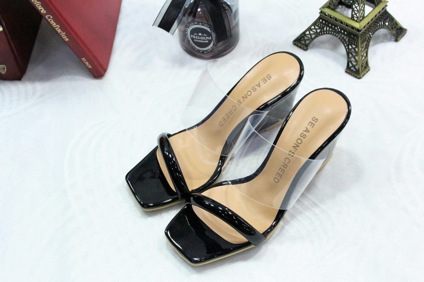 Transparent strap wedge heel 8cm mule slipper heel
