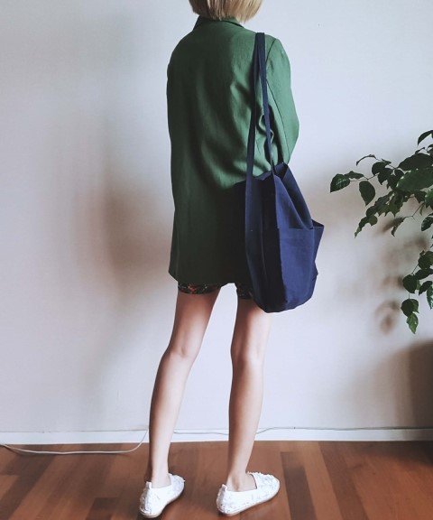 Green to Pocket Plain Linen Eco Bag Navy Pitch Pin