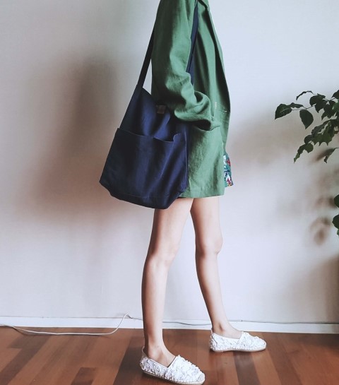 Green to Pocket Plain Linen Eco Bag Navy Pitch Pin