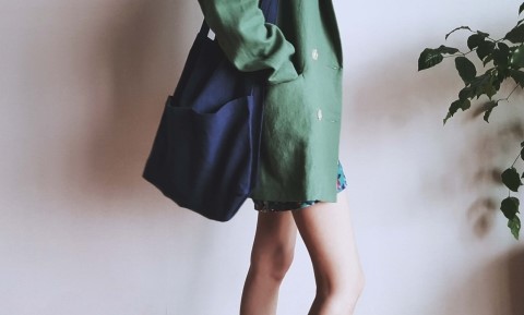 Green to Pocket Plain Linen Eco Bag Navy Pitch Pin