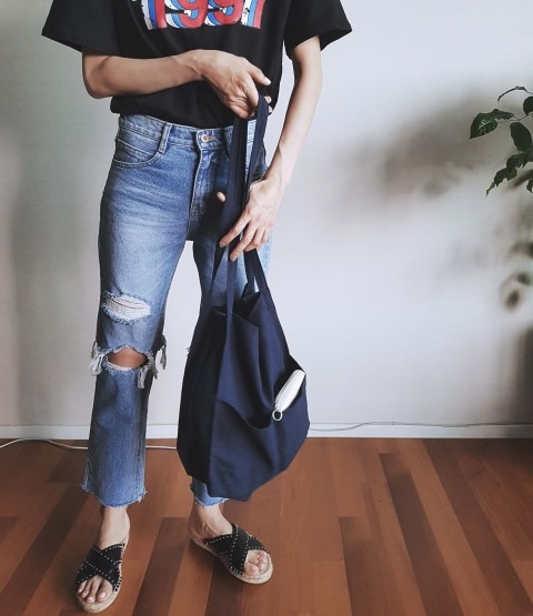 Green to Pocket Plain Linen Eco Bag Navy Pitch Pin