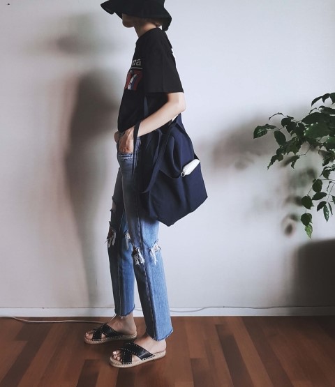 Green to Pocket Plain Linen Eco Bag Navy Pitch Pin