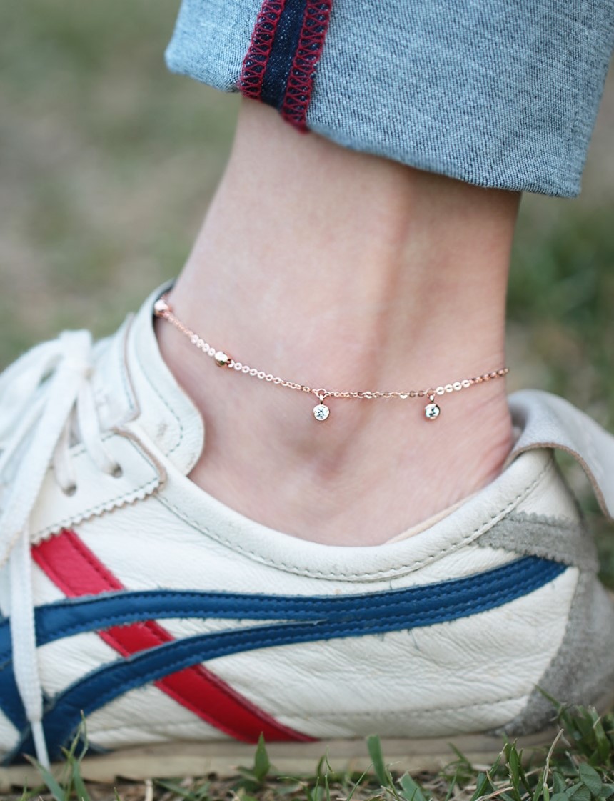 New Cubic Ankle Bracelet, Gold Rattle Chain Point 