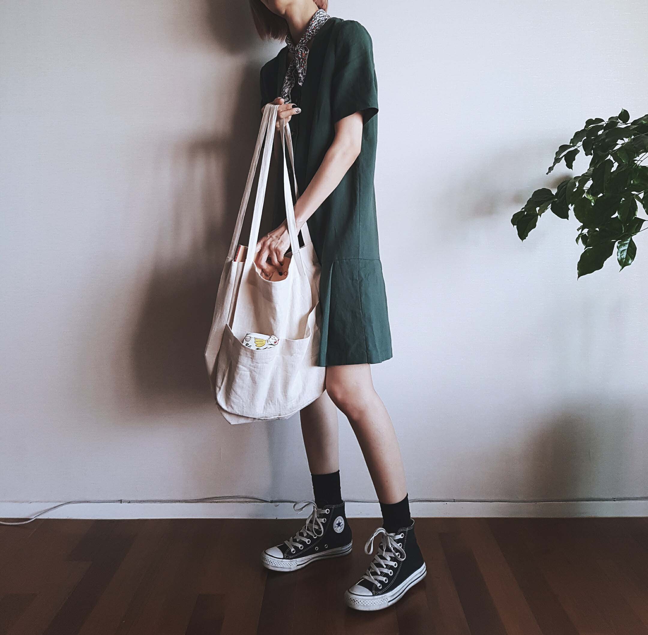 Green to Pocket Plain Linen Eco Bag Navy Pitch Pin