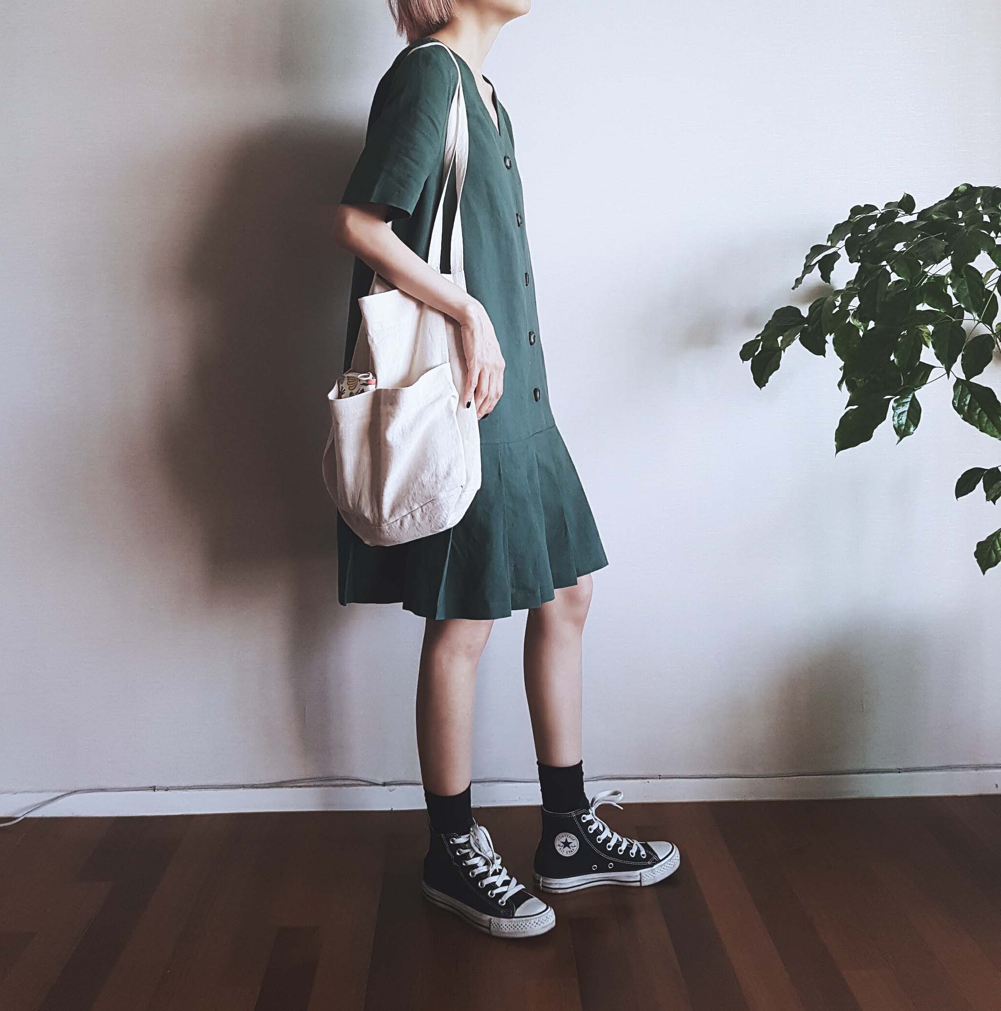 Green to Pocket Plain Linen Eco Bag Navy Pitch Pin