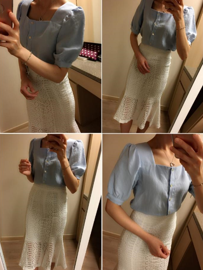 NEW FASHION LADY GIRL Blouse Summer Bleu Square Ne