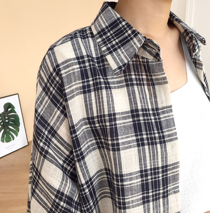 Women Blouses Ivory Linen Check Southern Ladies Sh