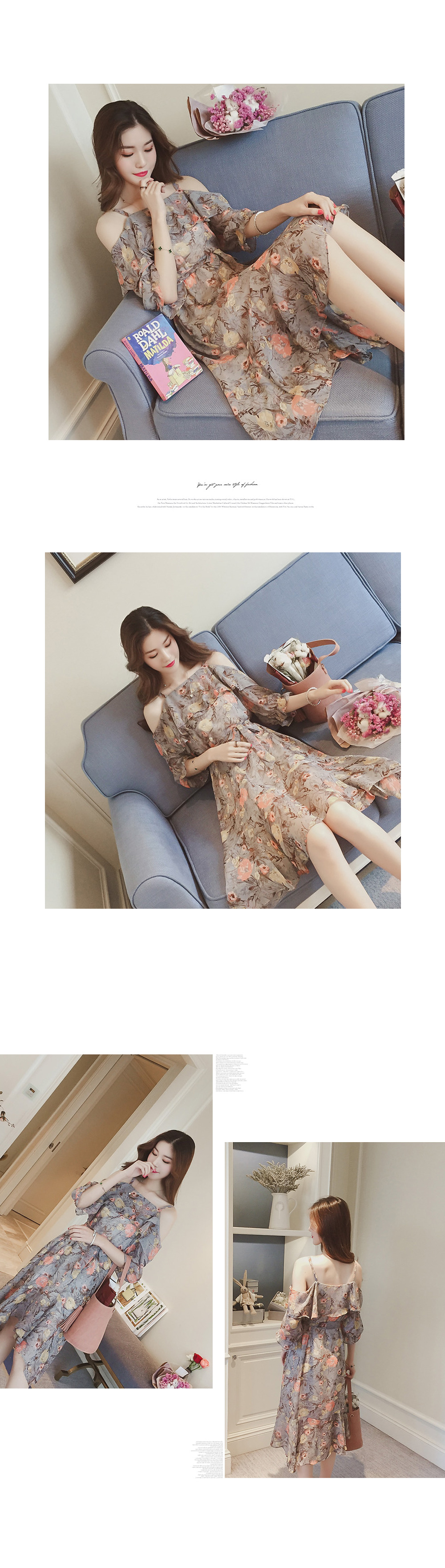 New Women Dress Mousse Flower Off-Shoulder Chiffon