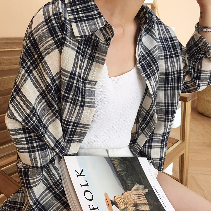 Women Blouses Ivory Linen Check Southern Ladies Sh