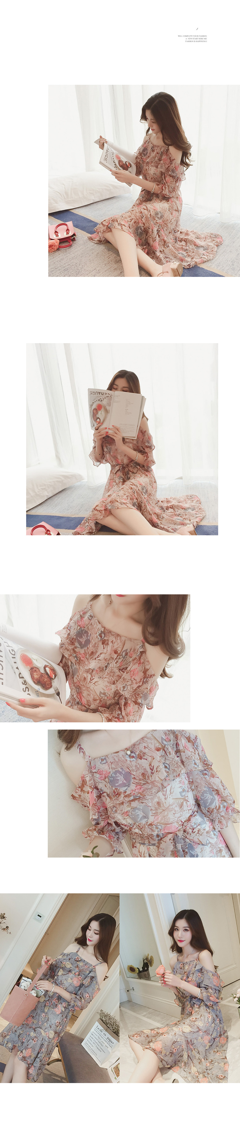 New Women Dress Mousse Flower Off-Shoulder Chiffon