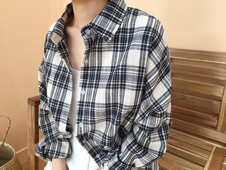 Women Blouses Ivory Linen Check Southern Ladies Sh