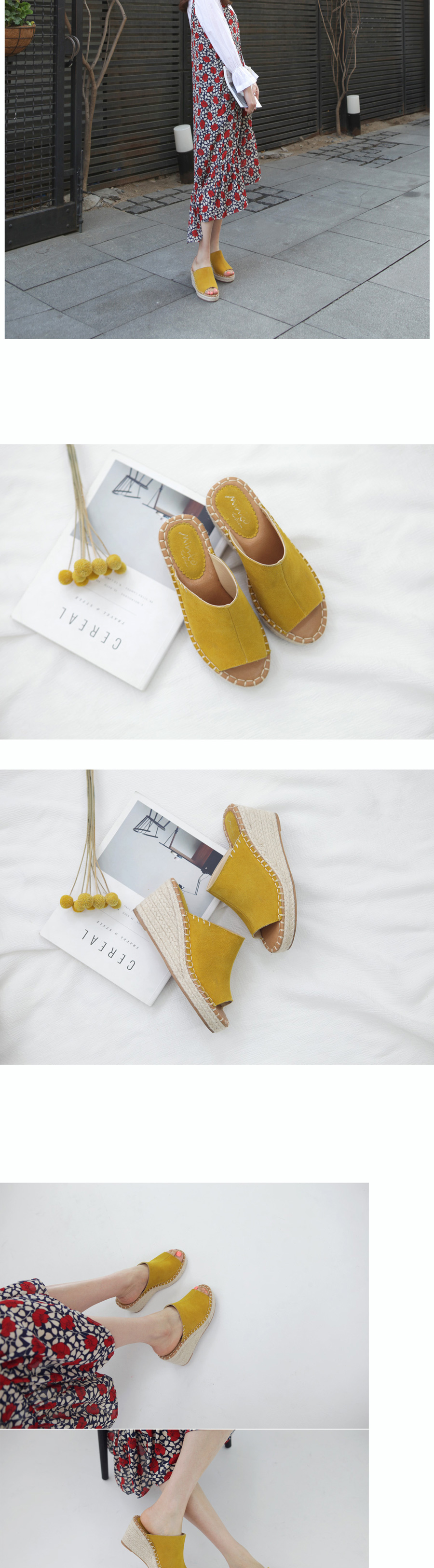 Korean Natural Leather Wedge Hill Slippers Sandals