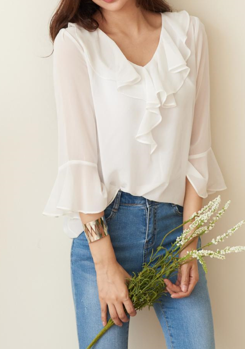 NEW FASHION LADY GIRL Blouse White summer frill bl