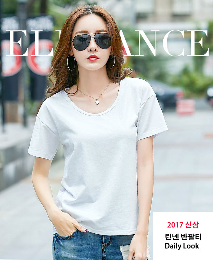 Linen Round Neck Short Sleeve T-shirt White Black 
