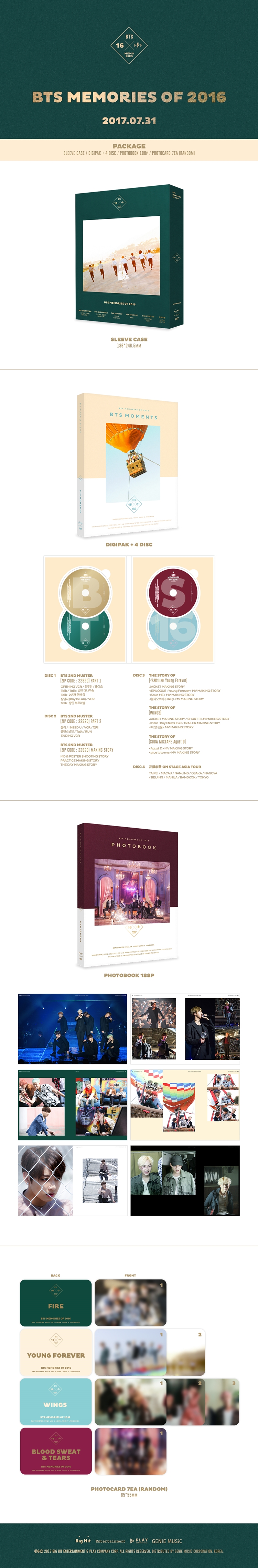 BTS bulletproof boy band - MEMORIES OF 2016 4 DISC
