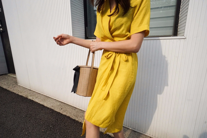 NEW FASHION LADY GIRL DRESS Yellow Linen Wrap Dres