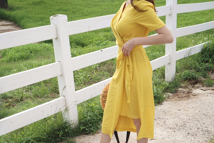 NEW FASHION LADY GIRL DRESS Yellow Linen Wrap Dres