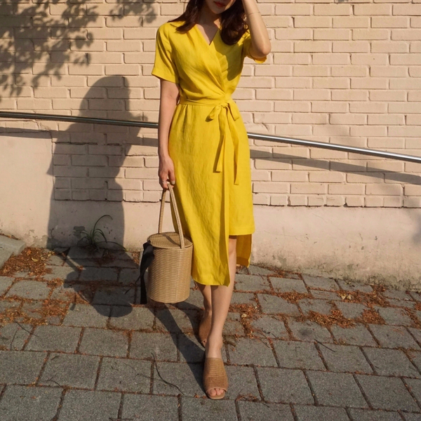 NEW FASHION LADY GIRL DRESS Yellow Linen Wrap Dres