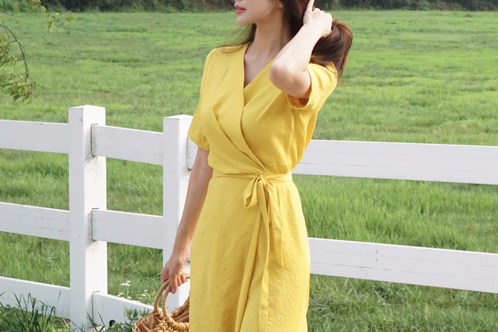 NEW FASHION LADY GIRL DRESS Yellow Linen Wrap Dres