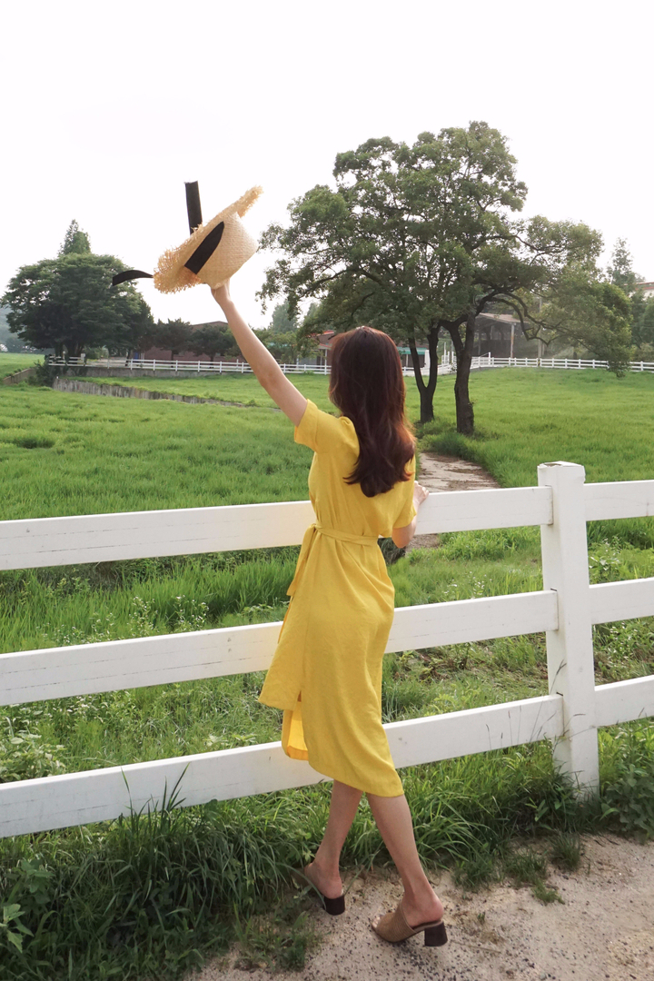 NEW FASHION LADY GIRL DRESS Yellow Linen Wrap Dres