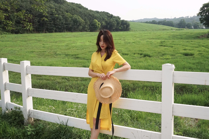 NEW FASHION LADY GIRL DRESS Yellow Linen Wrap Dres
