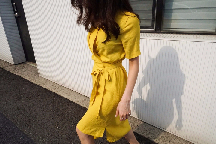 NEW FASHION LADY GIRL DRESS Yellow Linen Wrap Dres