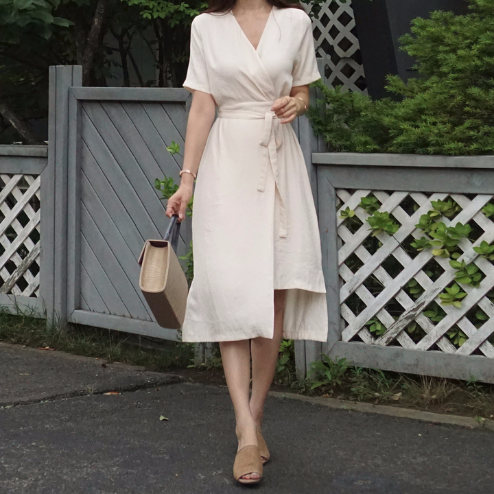 NEW FASHION LADY GIRL DRESS Yellow Linen Wrap Dres