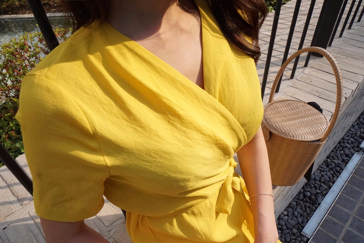 NEW FASHION LADY GIRL DRESS Yellow Linen Wrap Dres