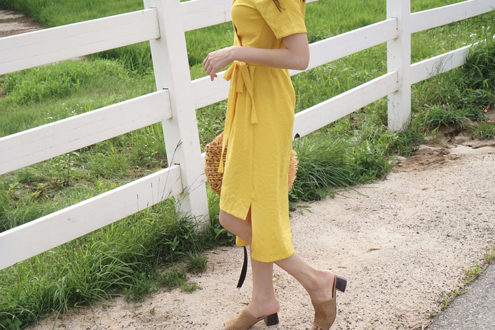 NEW FASHION LADY GIRL DRESS Yellow Linen Wrap Dres