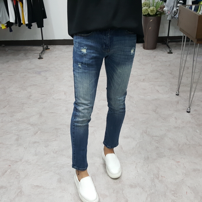 Korea Jeans Pants Men's Point Damage Slim Span 