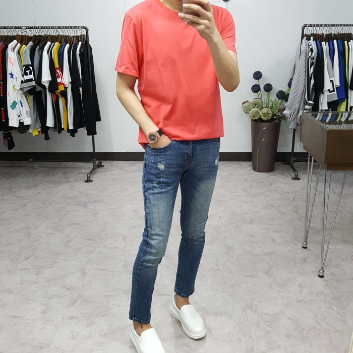 Korea Jeans Pants Men's Point Damage Slim Span 