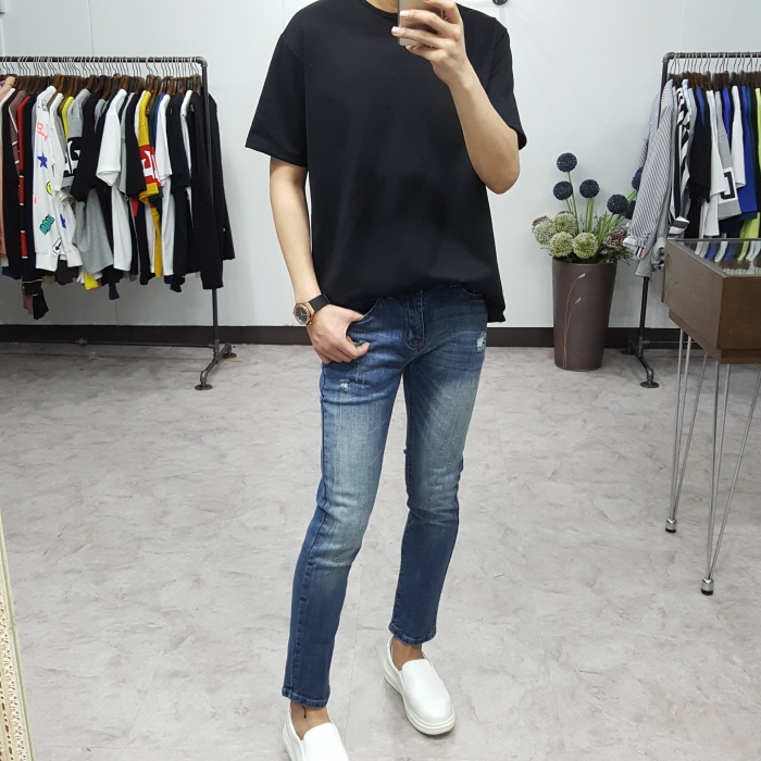 Korea Jeans Pants Men's Point Damage Slim Span 