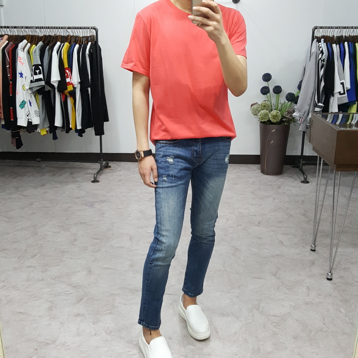 Korea Jeans Pants Men's Point Damage Slim Span 