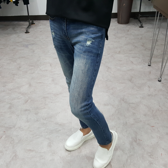 Korea Jeans Pants Men's Point Damage Slim Span 