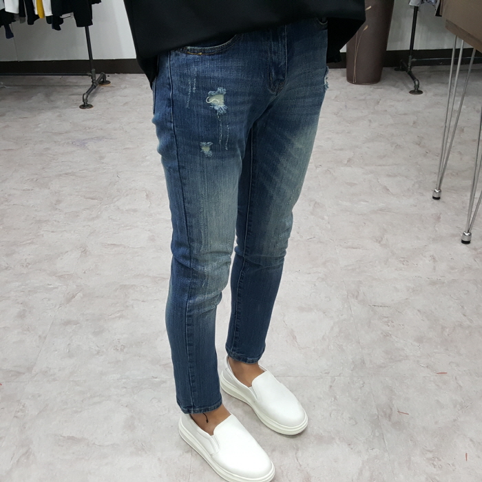 Korea Jeans Pants Men's Point Damage Slim Span 