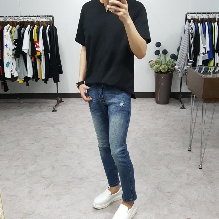 Korea Jeans Pants Men's Point Damage Slim Span 
