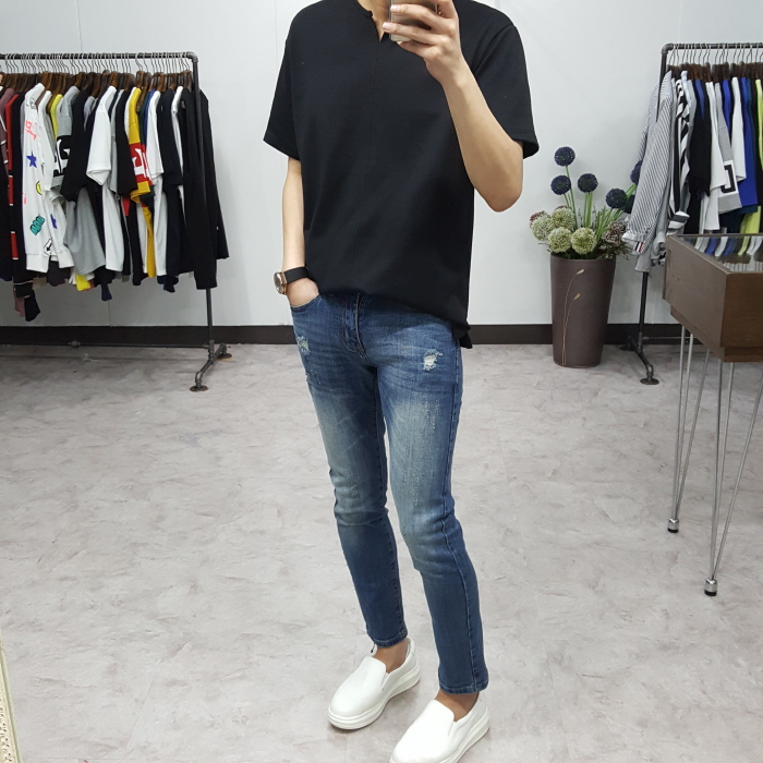 Korea Jeans Pants Men's Point Damage Slim Span 