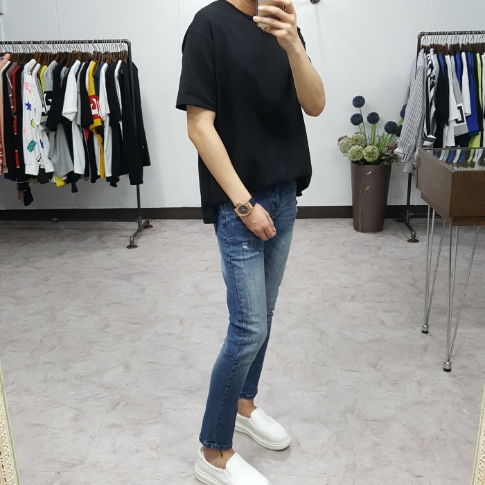 Korea Jeans Pants Men's Point Damage Slim Span 