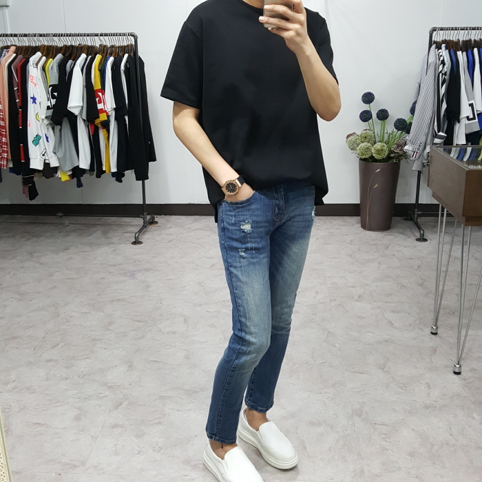 Korea Jeans Pants Men's Point Damage Slim Span 