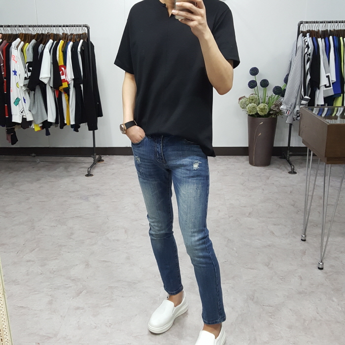 Korea Jeans Pants Men's Point Damage Slim Span 