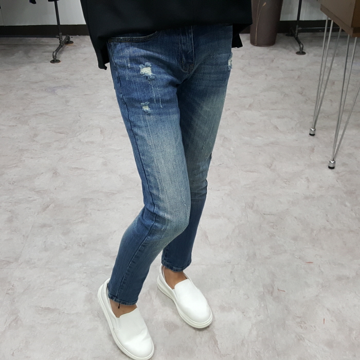 Korea Jeans Pants Men's Point Damage Slim Span 