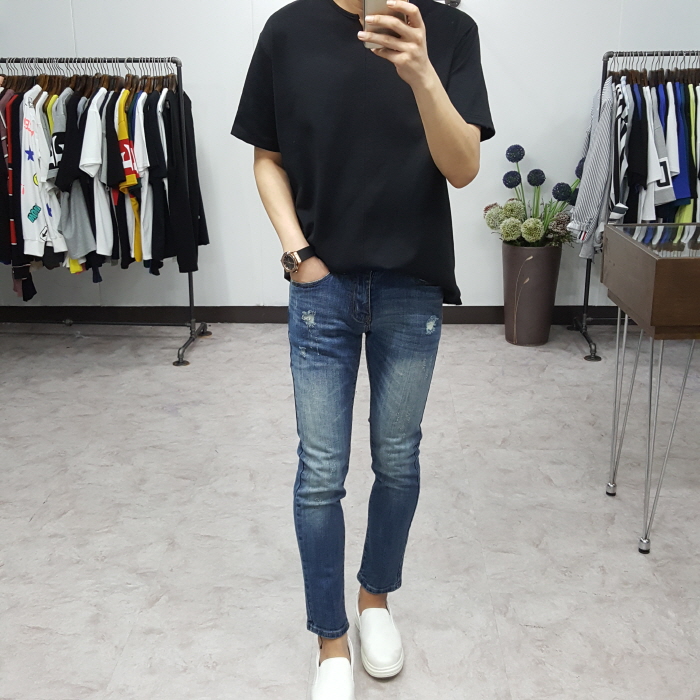 Korea Jeans Pants Men's Point Damage Slim Span 
