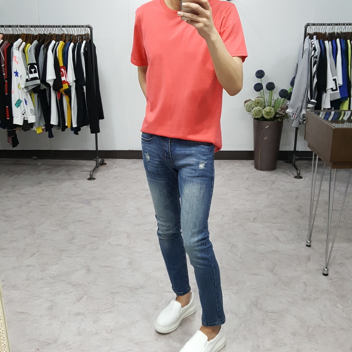 Korea Jeans Pants Men's Point Damage Slim Span 