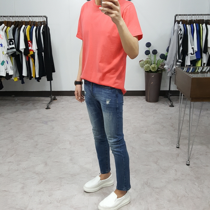 Korea Jeans Pants Men's Point Damage Slim Span 