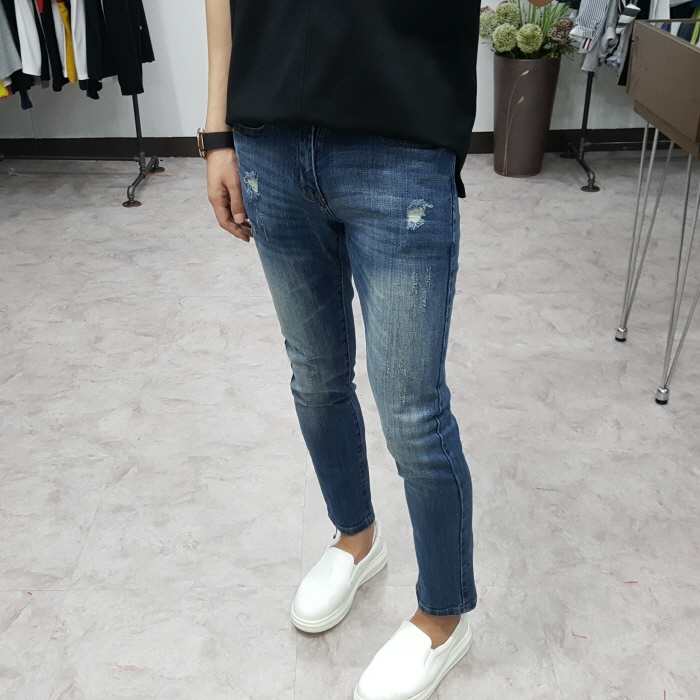 Korea Jeans Pants Men's Point Damage Slim Span 