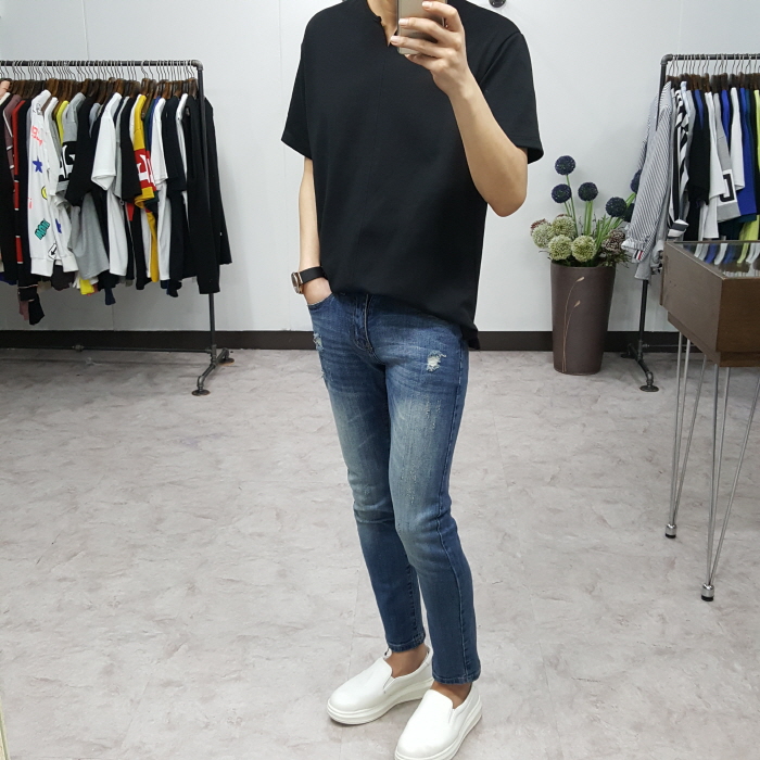 Korea Jeans Pants Men's Point Damage Slim Span 