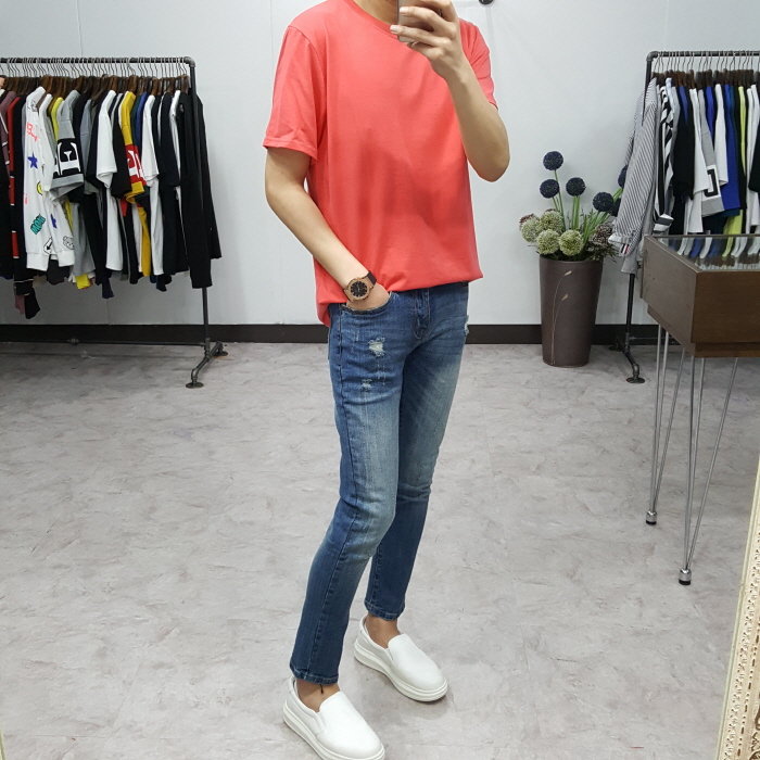 Korea Jeans Pants Men's Point Damage Slim Span 