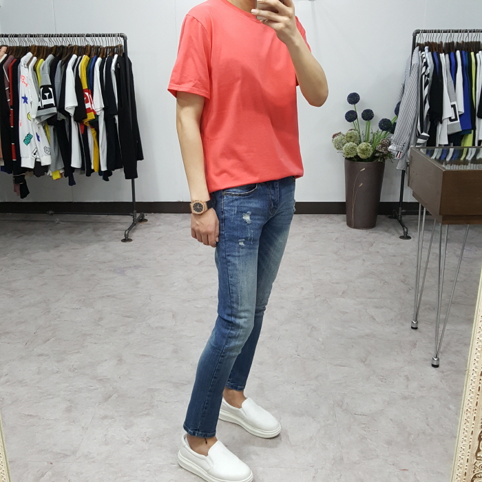 Korea Jeans Pants Men's Point Damage Slim Span 